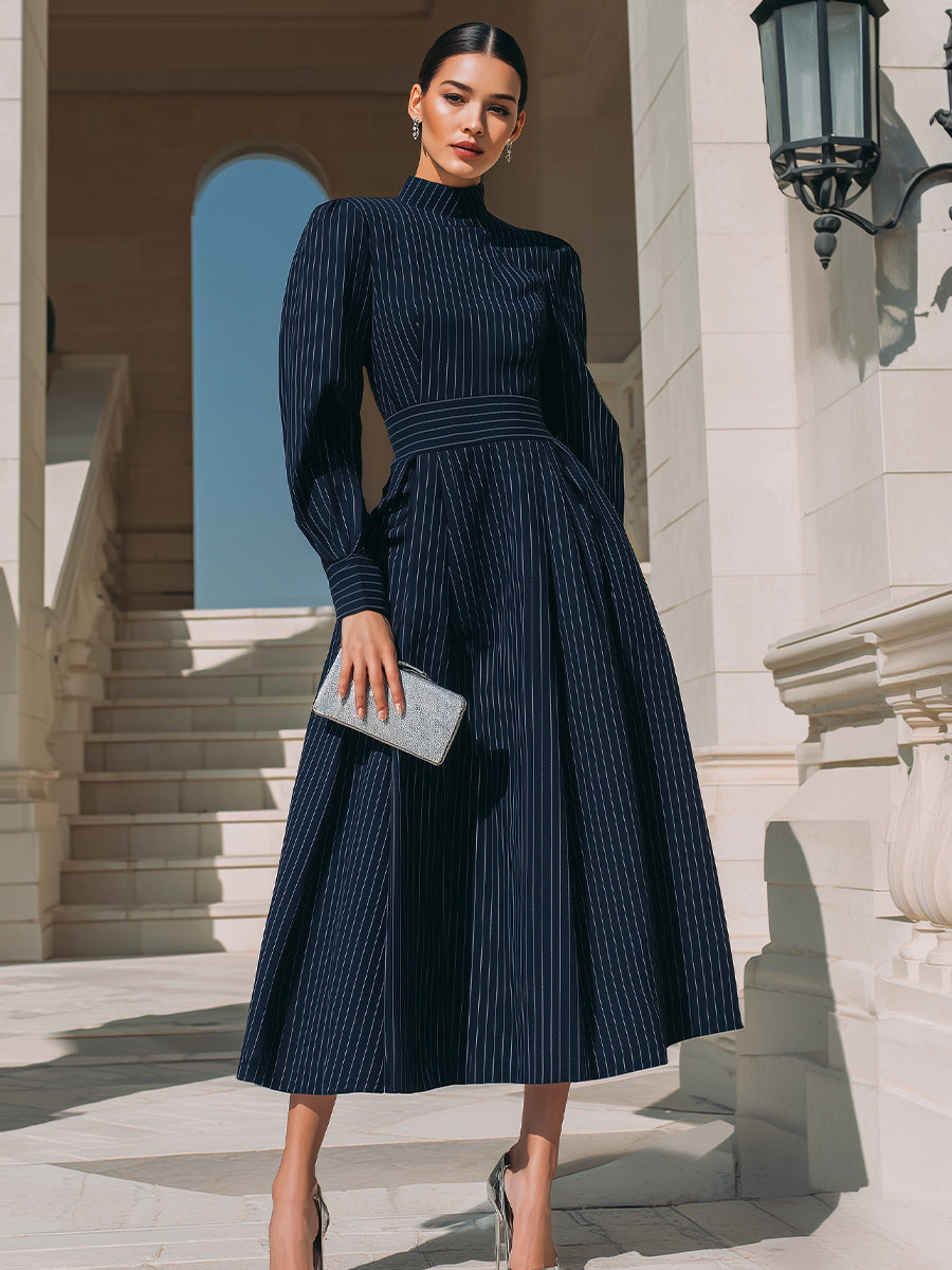 Olivia Bennet | Pinstripe Structured-Waist Suiting Midi Dress