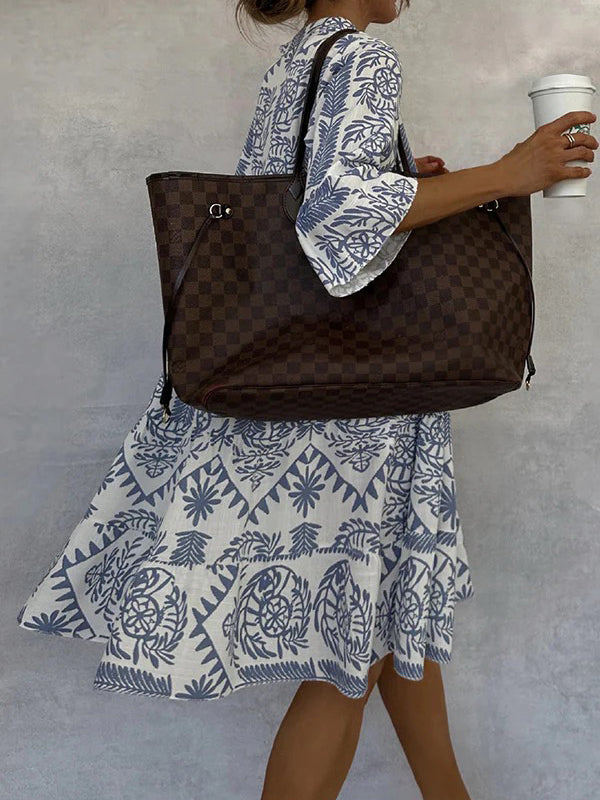 Olivia Bennet | Loose Three-Quarter Sleeves Falbala Printed V-Neck Midi Dresses