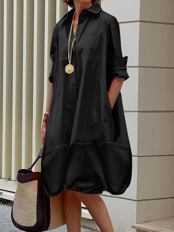 Olivia Bennet | Long Sleeves Loose Solid Color Lapel Collar Midi Dresses Shirt Dress