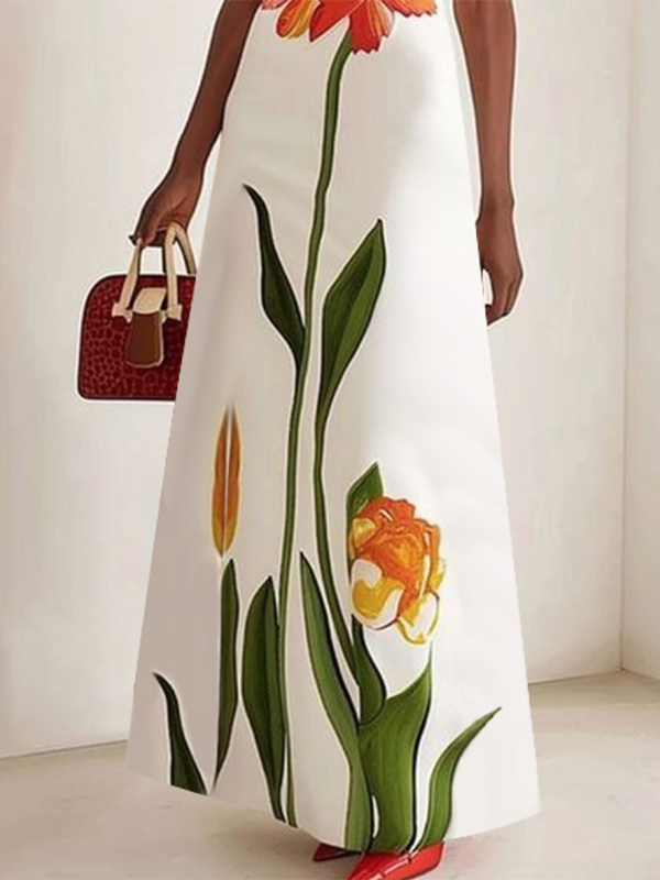 Olivia Bennet | Short Sleeves Flower Print Boat Neck Maxi Dresses