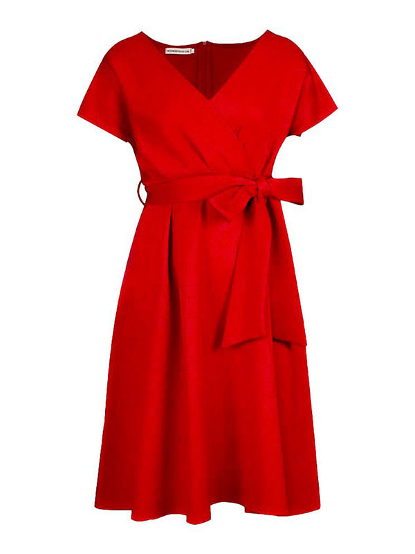 Olivia Bennet | Bowknot Lace-Up Solid Color V-Neck Midi Dresses