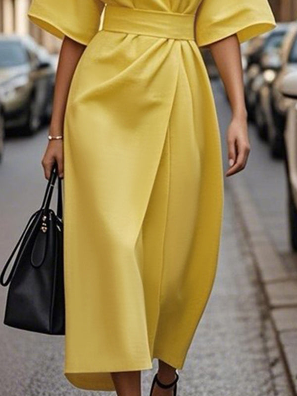 Olivia Bennet | Loose Short Sleeves Pleated Solid Color Split-Joint Round-Neck Midi Dresses