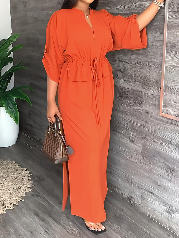 Olivia Bennet | Loose Drawstring Solid Color Split-Side V-Neck Maxi Dresses