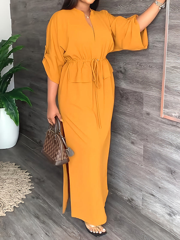 Olivia Bennet | Loose Drawstring Solid Color Split-Side V-Neck Maxi Dresses