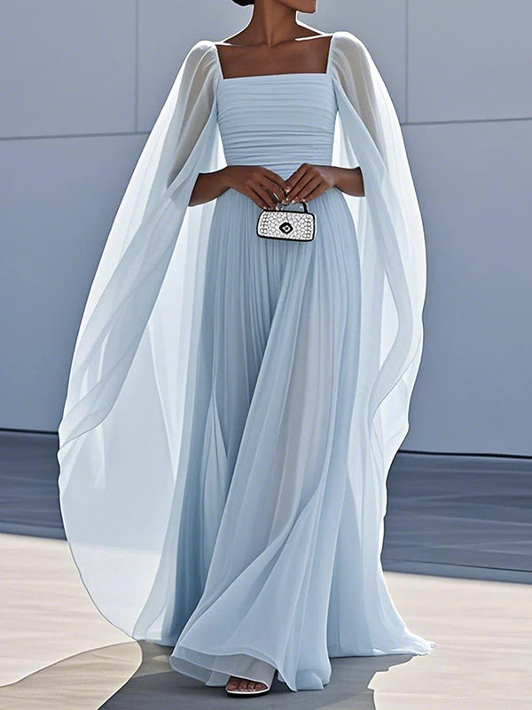 Olivia Bennet | Cape Gauze Pleated Split-Joint Square-Neck Evening Dresses Maxi Dresses