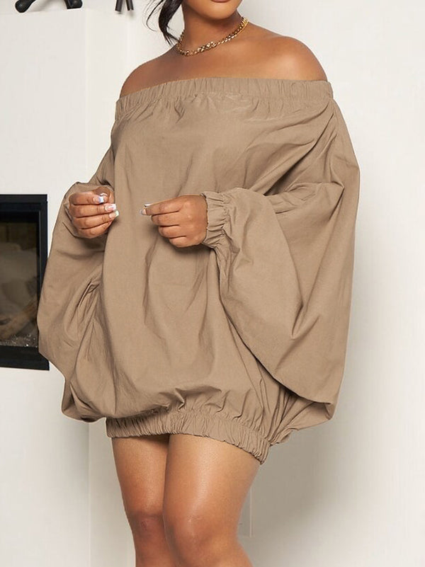 Olivia Bennet | Long Sleeves Loose Elasticity Solid Color Off-The-Shoulder Mini Dresses