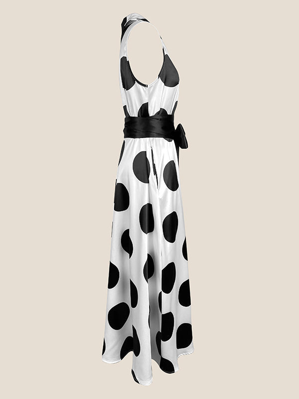 Olivia Bennet | A-Line Sleeveless Polka-Dot Split-Joint Tied Waist Lapel Maxi Dresses Shirt Dress
