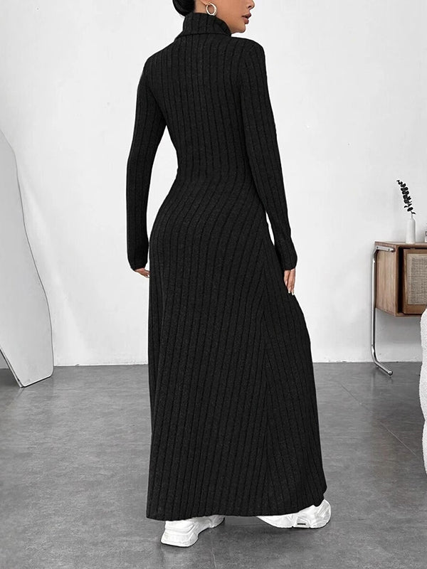 Olivia Bennet | Long Sleeves Pleated Solid Color Split-Joint High Neck Maxi Dresses