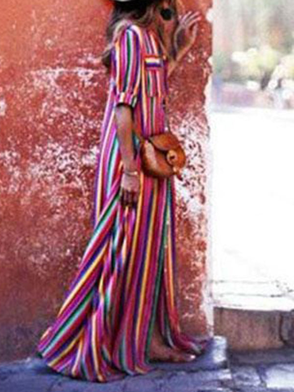 Olivia Bennet | Long Sleeves Loose Split-Joint Striped Lapel Maxi Dresses Shirt Dress