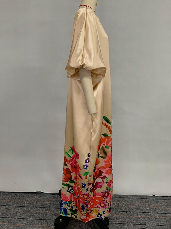 Olivia Bennet | A-Line Half Sleeves Elasticity Flower Print Split-Front V-Neck Maxi Dresses