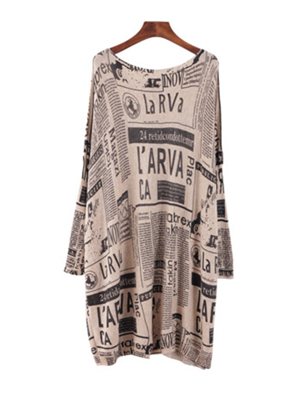 Olivia Bennet | Vintage Loose One-Shoulder Newspaper Printed Split-Joint Sweater