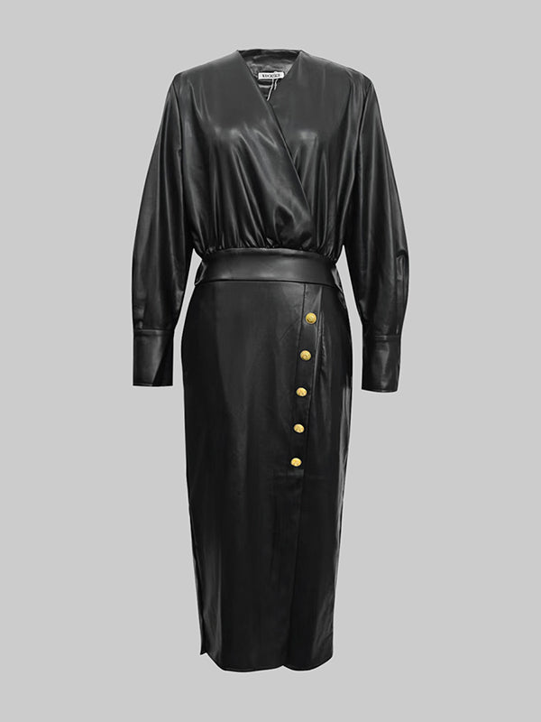 Olivia Bennet | Long Sleeves Puff Sleeves Buttoned Pleated Solid Color V-Neck Midi Dresses