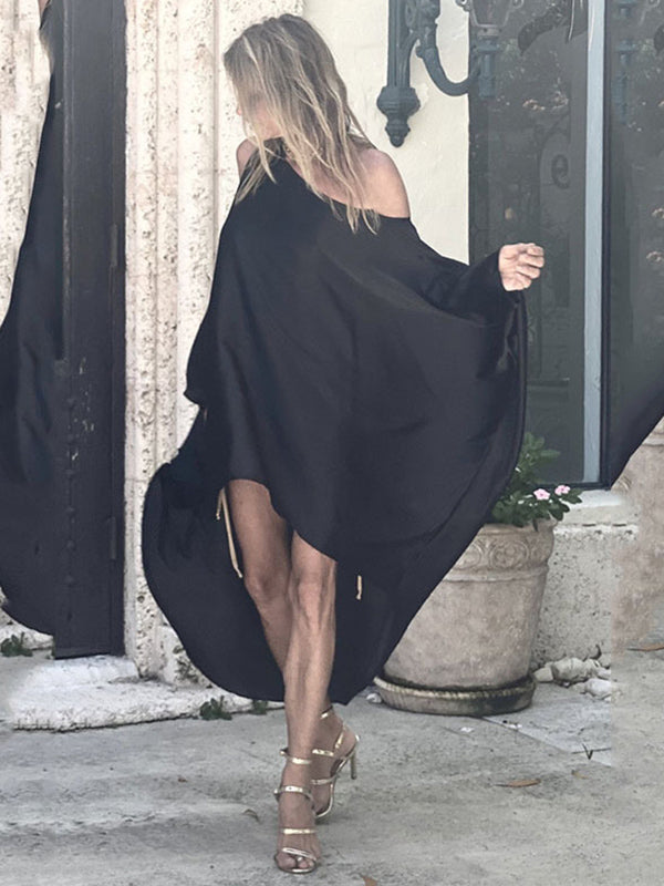 Olivia Bennet | Stylish Loose High-Low Batwing Sleeves Black Midi Dress