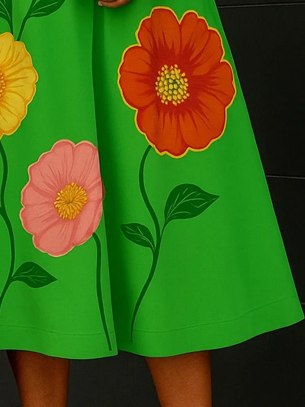 Olivia Bennet | A-Line Loose Flower Print V-Neck Midi Dresses