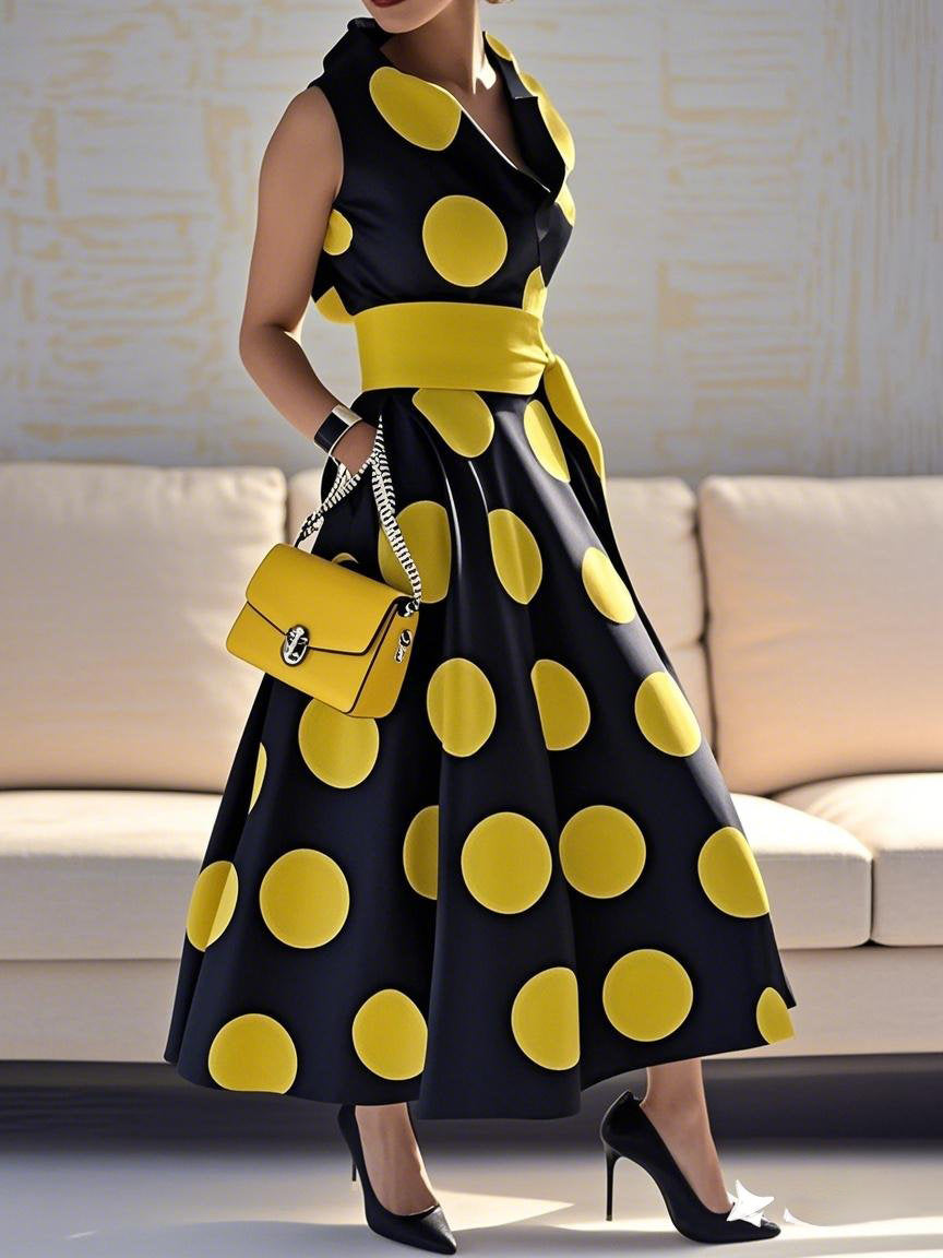 Olivia Bennet | A-Line Loose Pockets Polka-Dot Split-Joint Tied Waist Lapel Maxi Dresses Shirt Dress