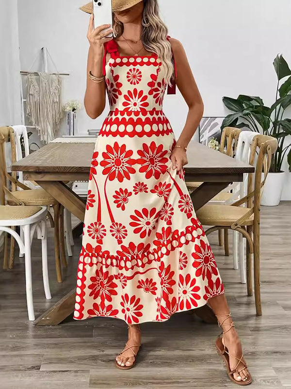Olivia Bennet | A-Line Loose Elasticity Flower Print Pleated Tied Spaghetti-Neck Midi Dresses