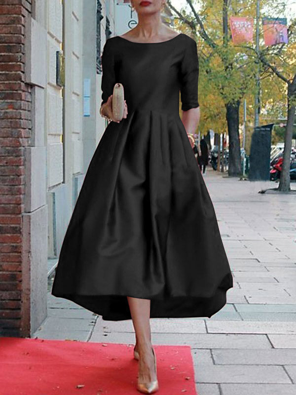 Olivia Bennet | A-Line Loose Pleated Pockets Solid Color Split-Joint Round-Neck Midi Dresses