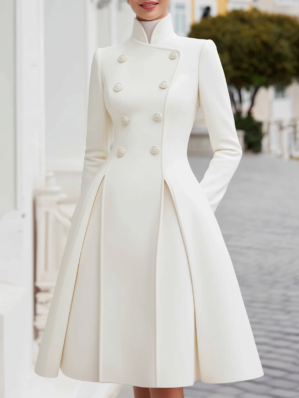 Olivia Bennet | A-Line High Waisted Buttoned Pleated Pockets Solid Color Stand Collar Midi Dresses Overcoat