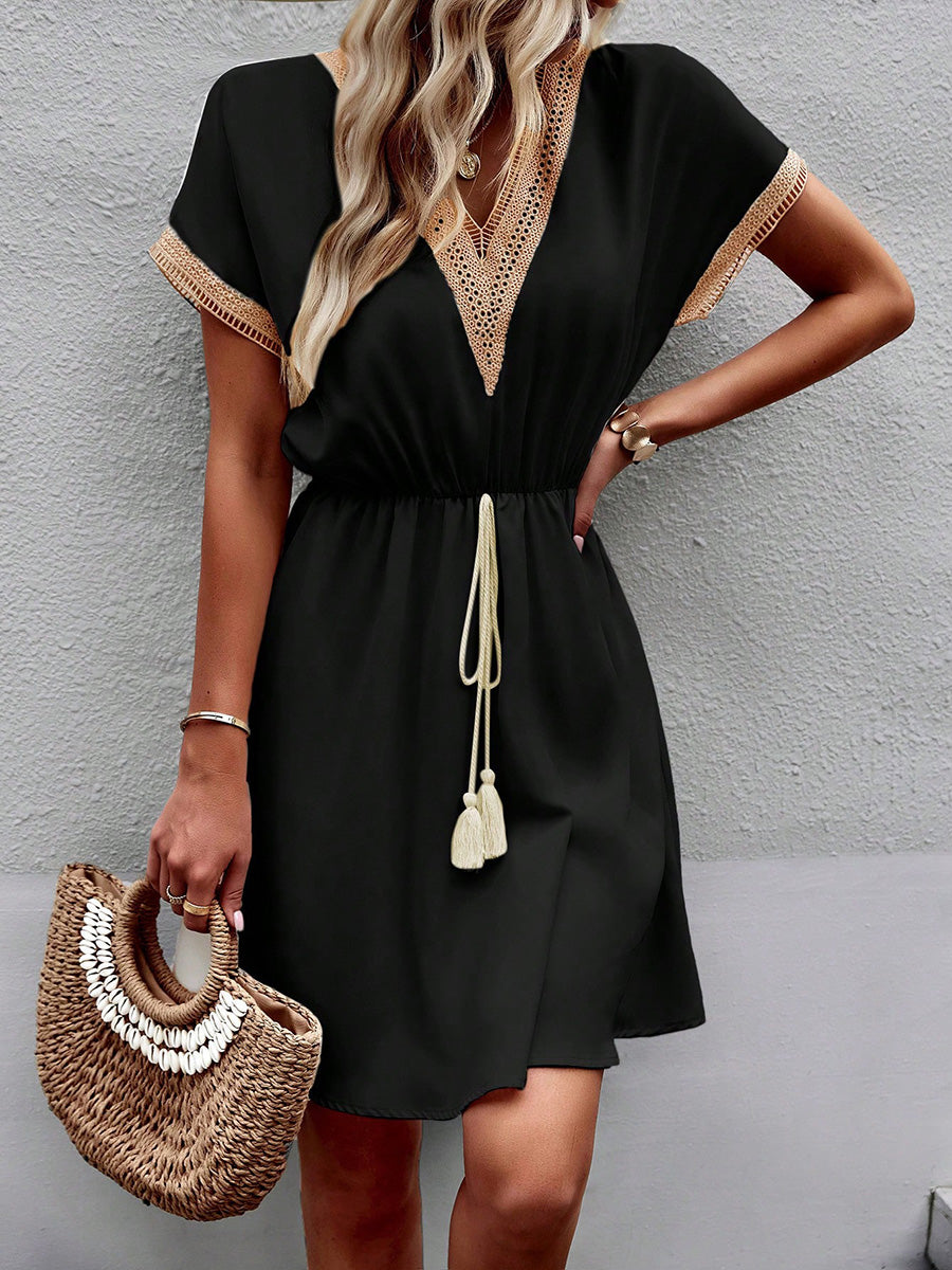 Olivia Bennet | A-Line Elasticated Waist Contrast Color Drawstring Hollow Split-Joint Tasseled Tied V-Neck Mini Dresses