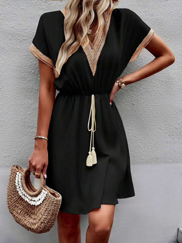 Olivia Bennet | A-Line Elasticated Waist Contrast Color Drawstring Hollow Split-Joint Tasseled Tied V-Neck Mini Dresses