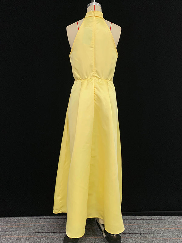 Olivia Bennet | A-Line Loose Belted Pleated Pockets Solid Color V-Neck Midi Dresses