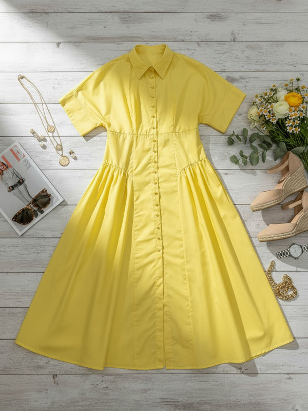 Olivia Bennet | Loose Short Sleeves Buttoned Pleated Solid Color Lapel Collar Midi Dresses Shirt Dress