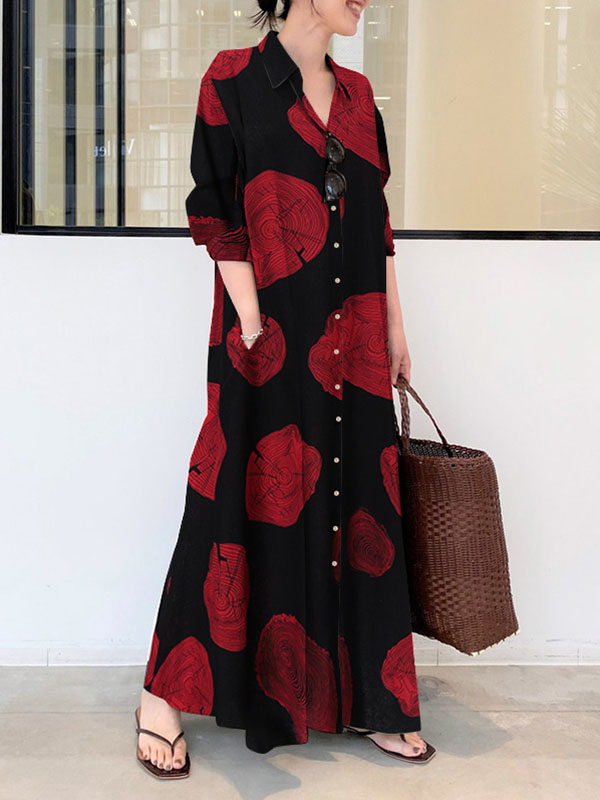 Olivia Bennet | Long Sleeves Loose Printed Split-Joint Lapel Maxi Dresses Shirt Dress