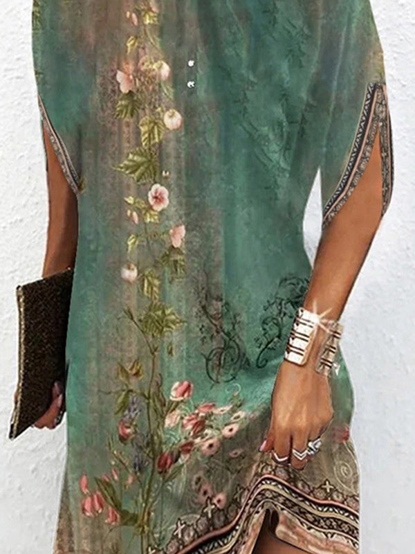 Olivia Bennet | Batwing Sleeves Loose Flower Print Round-Neck Mini Dresses