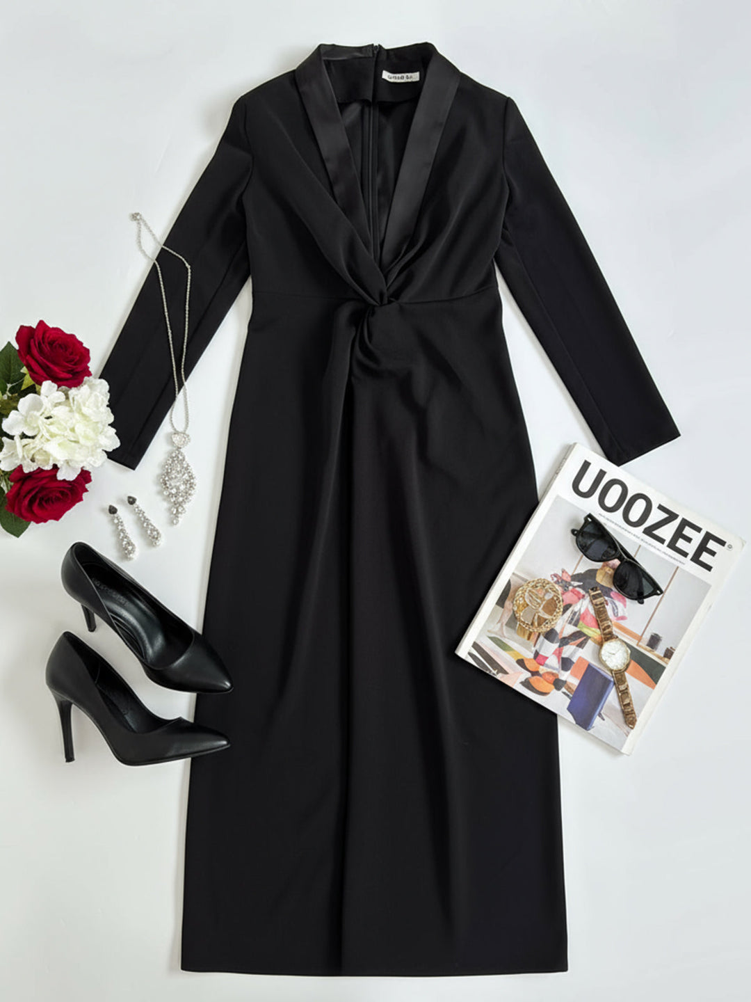 Olivia Bennet | Long Sleeves Skinny Solid Color Deep V-Neck Maxi Dresses