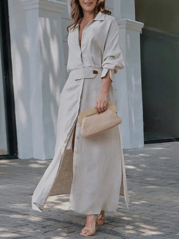 Olivia Bennet | Long Sleeves Loose Split-Joint Split-Side V-Neck Maxi Dresses Shirt Dress