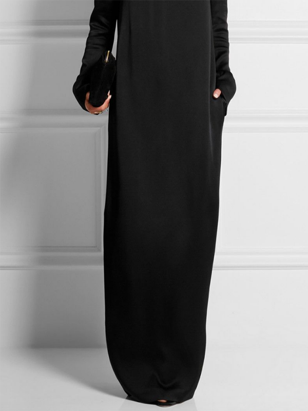 Olivia Bennet | Long Sleeves Loose Solid Color Round-Neck Maxi Dresses
