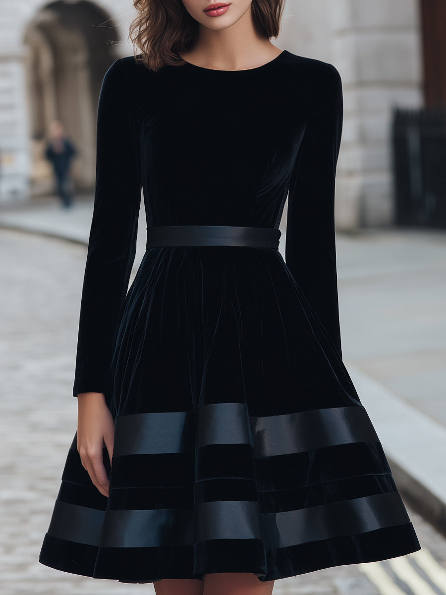 Olivia Bennet | Black Velvet Fit-and-Flare Dress With Satin Stripes