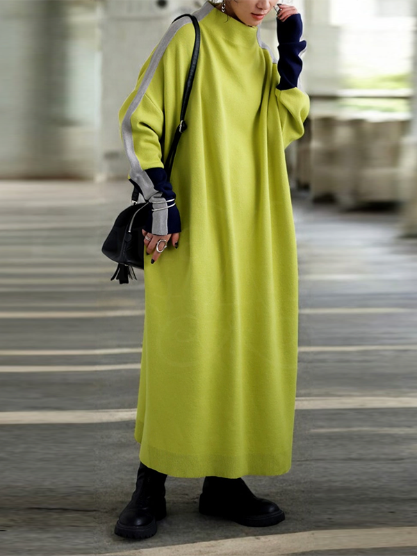 Olivia Bennet | Long Sleeves Loose Contrast Color Stand Collar Maxi Dresses