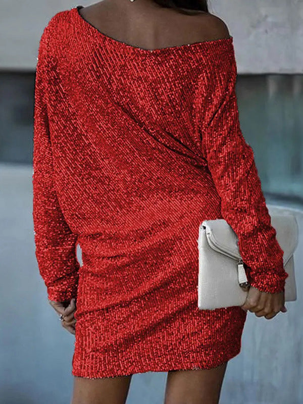 Olivia Bennet | A-Line Loose Asymmetric Sequined Solid Color One-Shoulder Mini Dresses