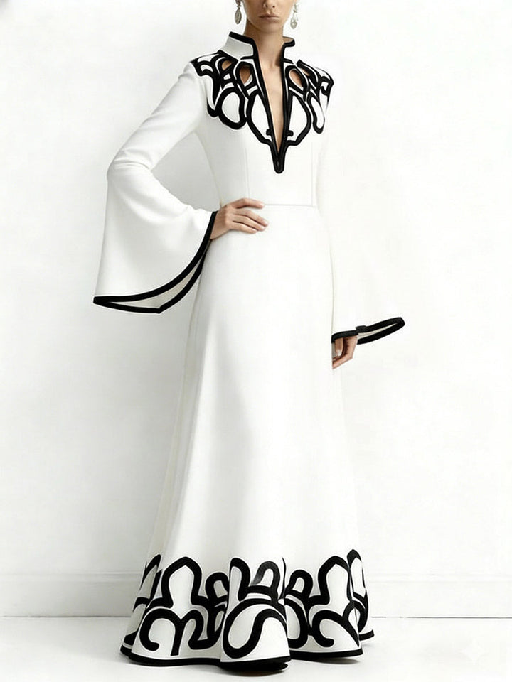 Olivia Bennet | A-Line Flared Sleeves Abstract Printed Contrast Color Hollow Line Split-Joint Stand Collar Maxi Dresses
