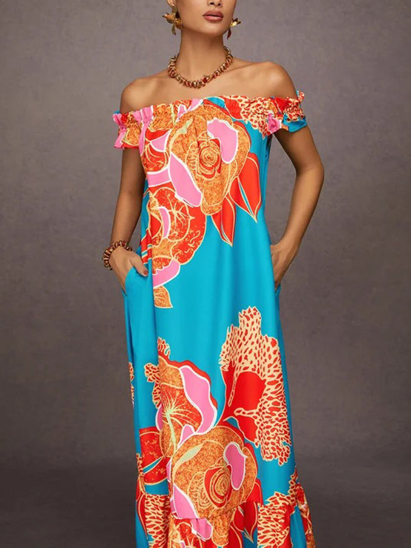 Olivia Bennet | A-Line Loose Elasticity Flower Print Pleated Split-Joint Off-The-Shoulder Maxi Dresses