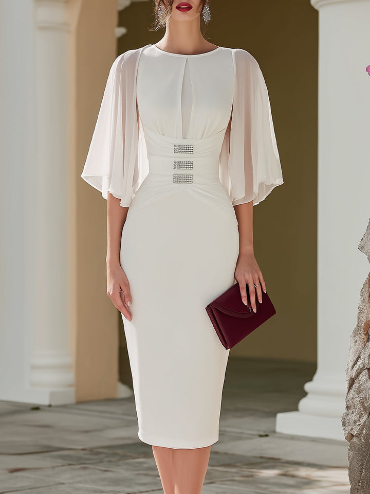Olivia Bennet | Ivory Cape-Sleeve Embellished-Waist Midi Dress