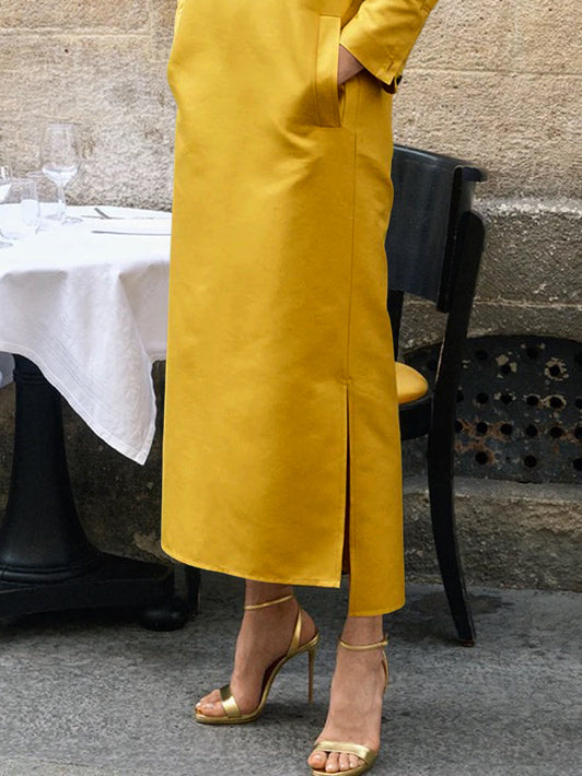 Olivia Bennet | Long Sleeves Loose Solid Color Split-Side Stand Collar Midi Dresses