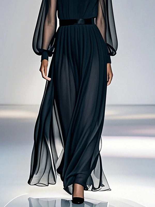 Olivia Bennet | False Two Loose Gauze Pleated See-Through Round-Neck Maxi Dresses