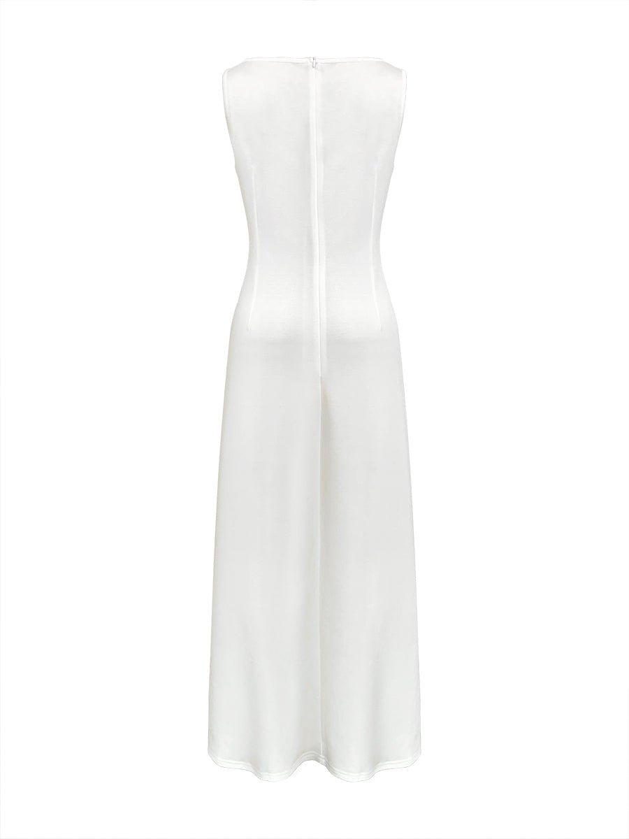 Olivia Bennet | Sleeveless Gauze Pleated Solid Color Split-Joint Round-Neck Evening Dresses Maxi Dresses