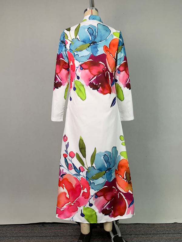 Olivia Bennet | Long Sleeves Loose Buttoned Flower Print Lapel Maxi Dresses Shirt Dress
