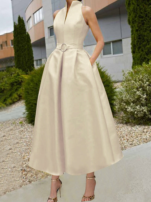 Olivia Bennet | A-Line Loose Belted Pleated Pockets Solid Color V-Neck Midi Dresses
