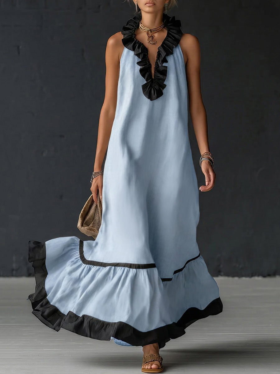 Olivia Bennet | A-Line Loose Contrast Color Pleated Ruffle Trim Split-Joint V-Neck Maxi Dresses