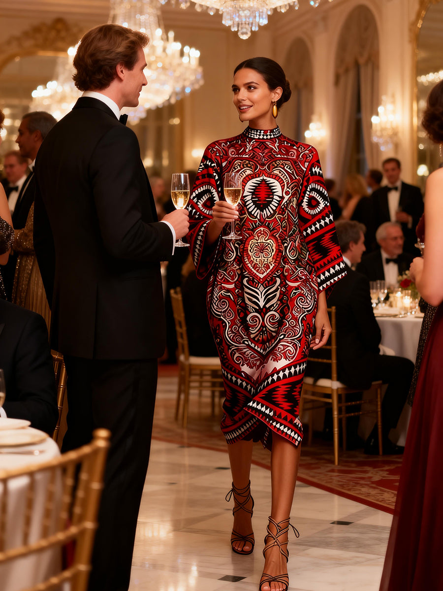 Olivia Bennet | Flared Sleeves Long Sleeves Contrast Color Flower Print Geometric Split-Joint Round-Neck Midi Dresses