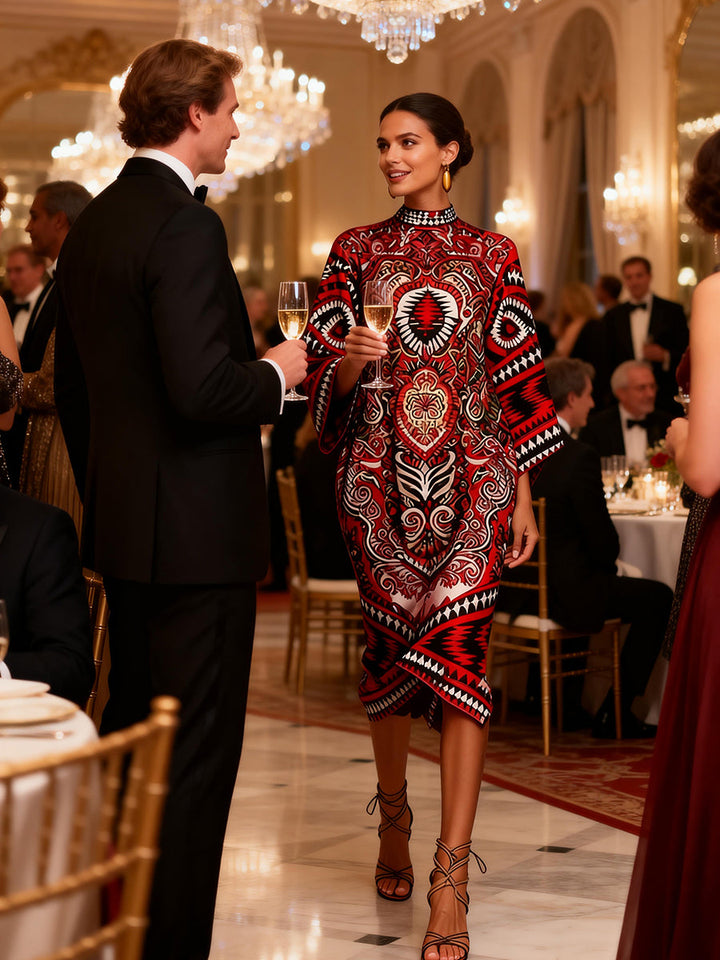 Olivia Bennet | Flared Sleeves Long Sleeves Contrast Color Flower Print Geometric Split-Joint Round-Neck Midi Dresses