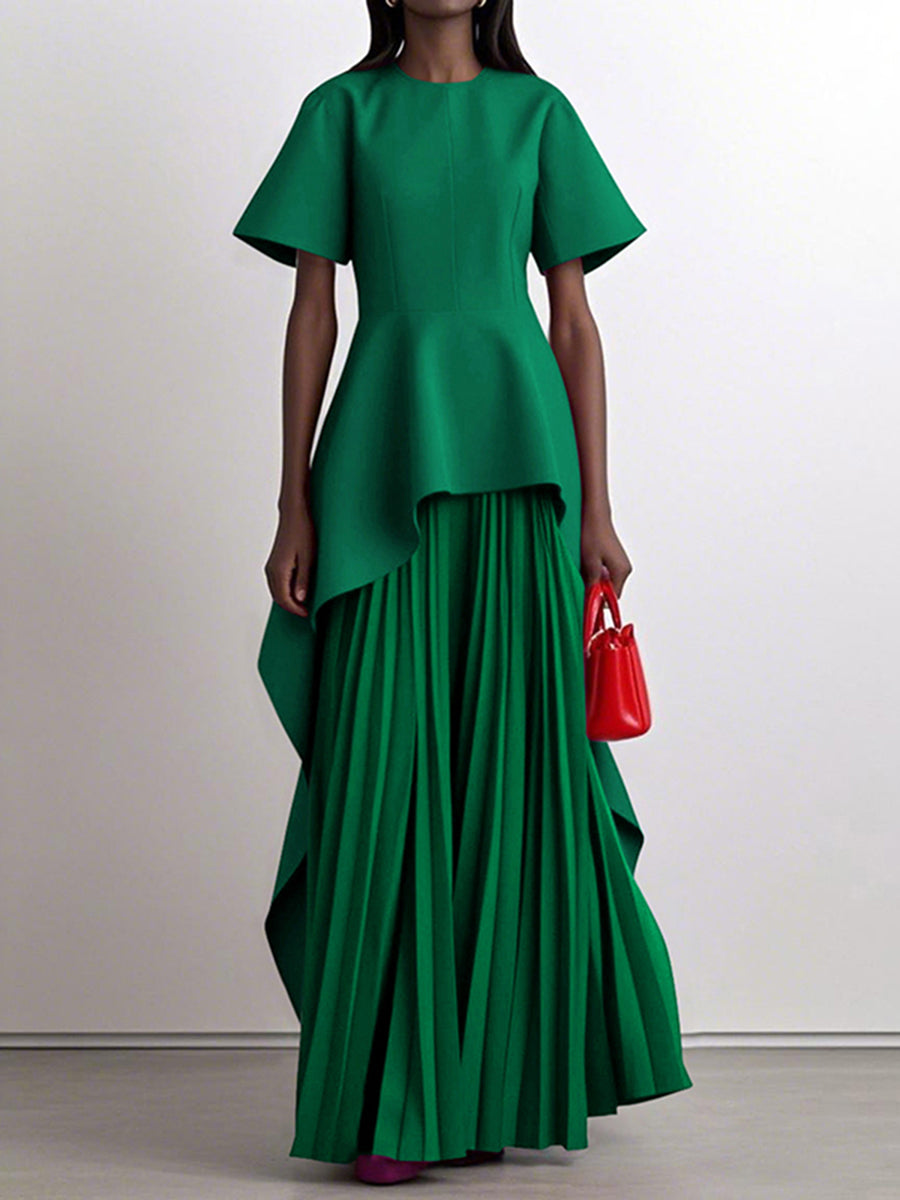 Olivia Bennet | A-Line High Waisted Pleated Solid Color Split-Joint Round-Neck Maxi Dresses