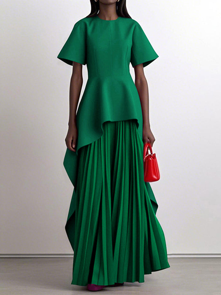 Olivia Bennet | A-Line High Waisted Pleated Solid Color Split-Joint Round-Neck Maxi Dresses