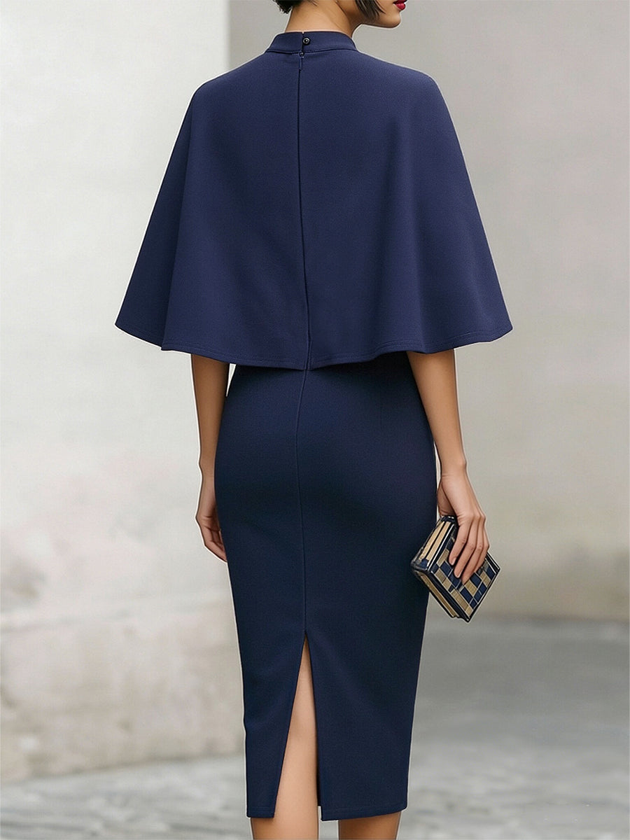 Olivia Bennet | Elegant Navy Cape-Sleeve Midi Dress