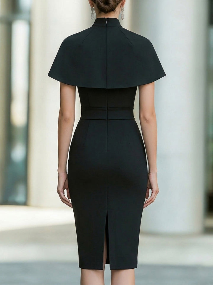 Olivia Bennet | High-Neck Cape Sleeve Sculpted Midi Dress
