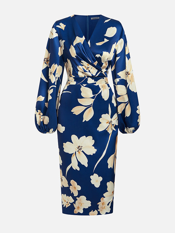Olivia Bennet | Loose Puff Sleeves Floral Printed Pleated Split-Joint V-Neck Midi Dresses